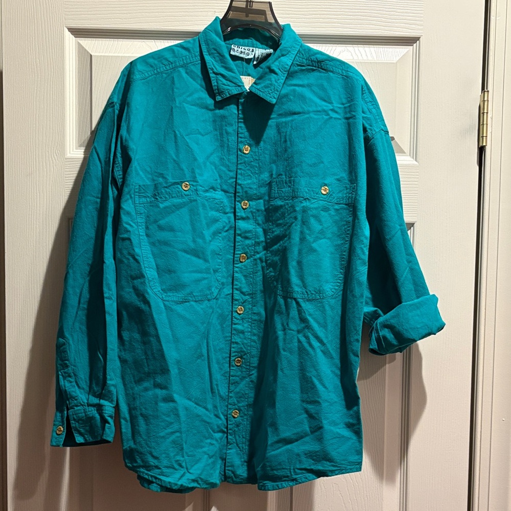 Chico’s‎ Design Oversized Cotton Button-Up Shirt NWT Green Long Sleeve one size